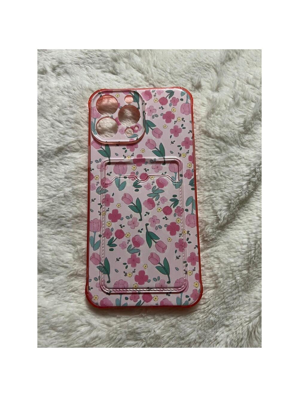 Pink Floral Phone Case with Card Holder for iPhone 13 Pro Max